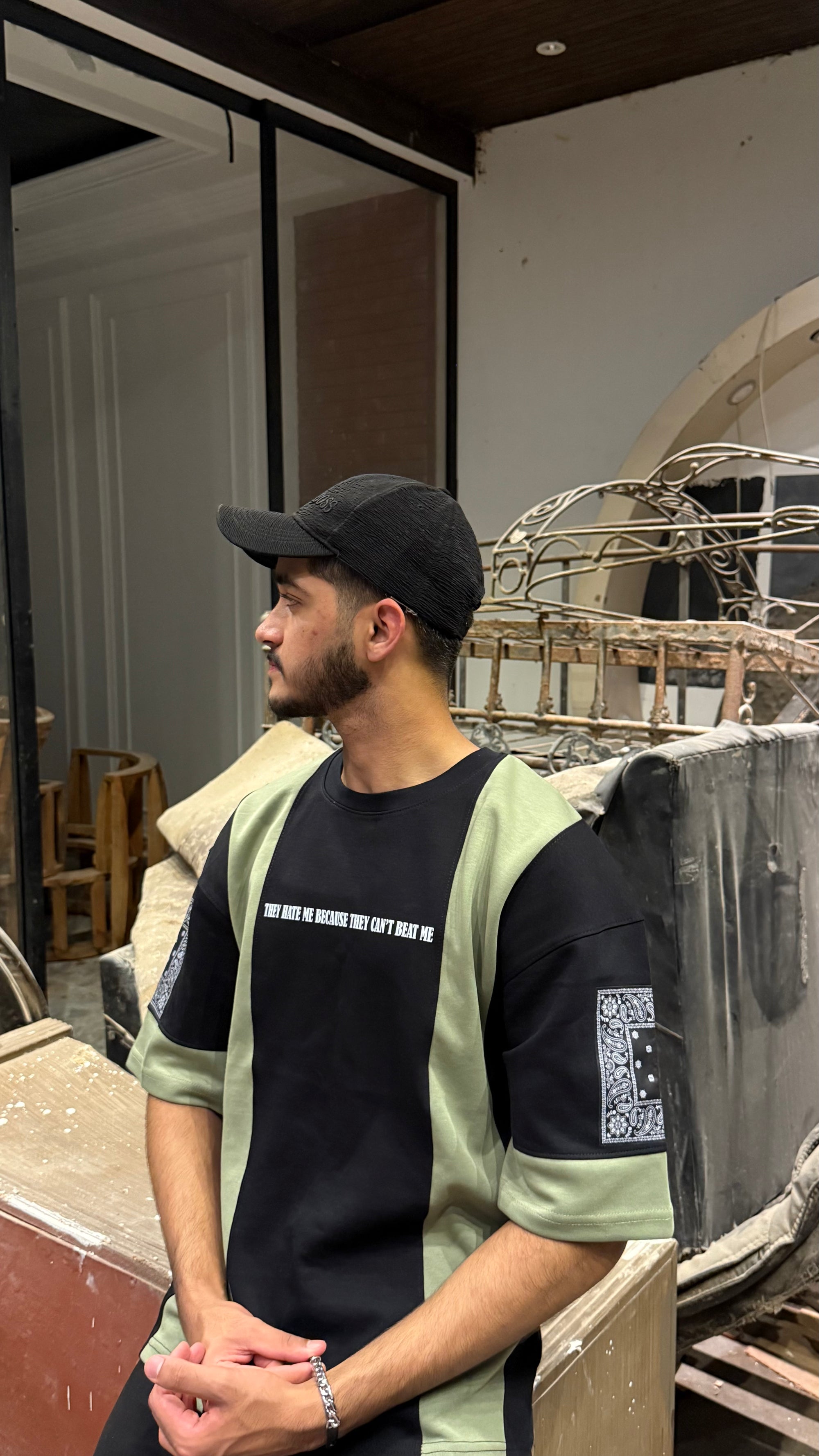 green and black drop shoulder shirt